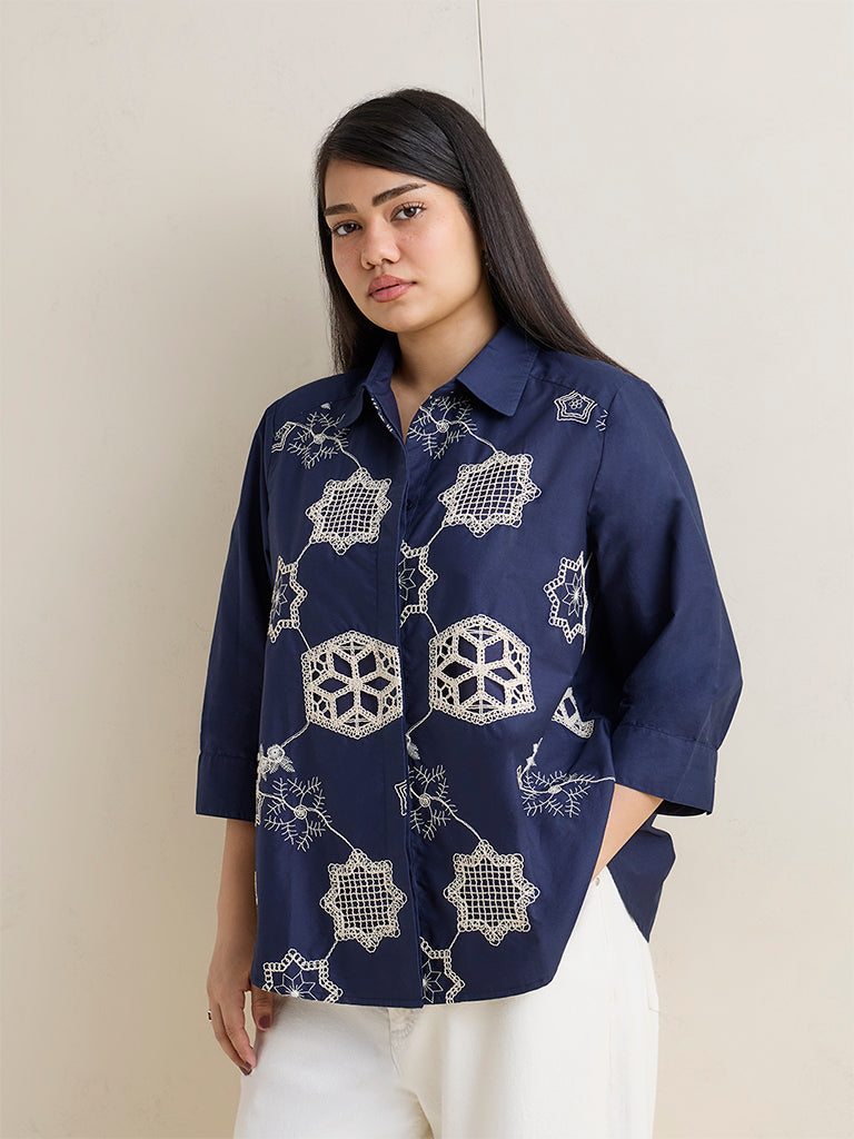 Gia Navy Crochet Embroidered Cotton Shirt