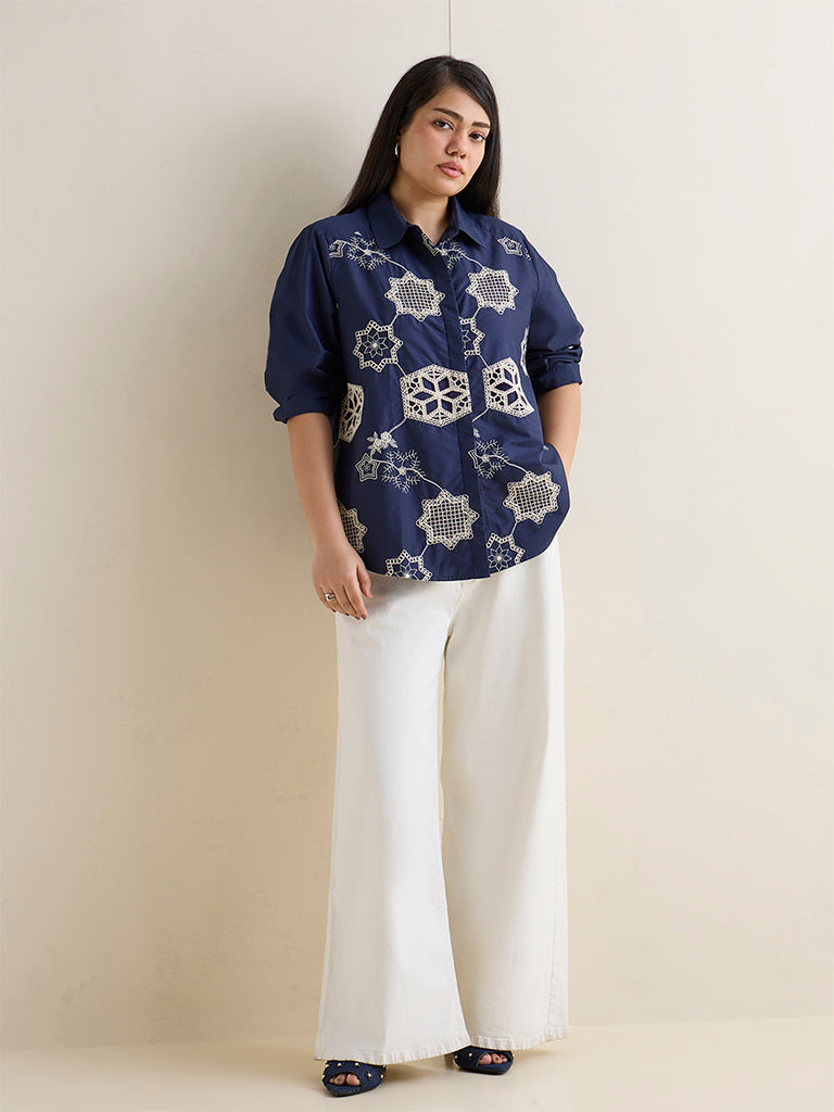 Gia Navy Crochet Embroidered Cotton Shirt