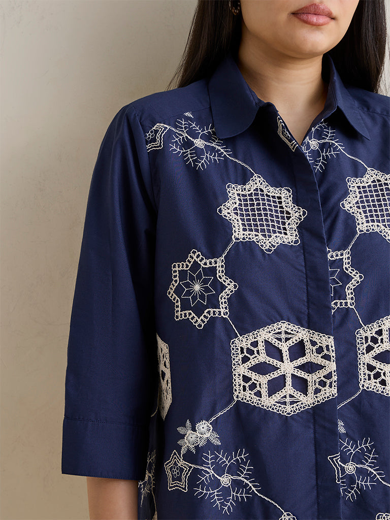 Gia Navy Crochet Embroidered Cotton Shirt