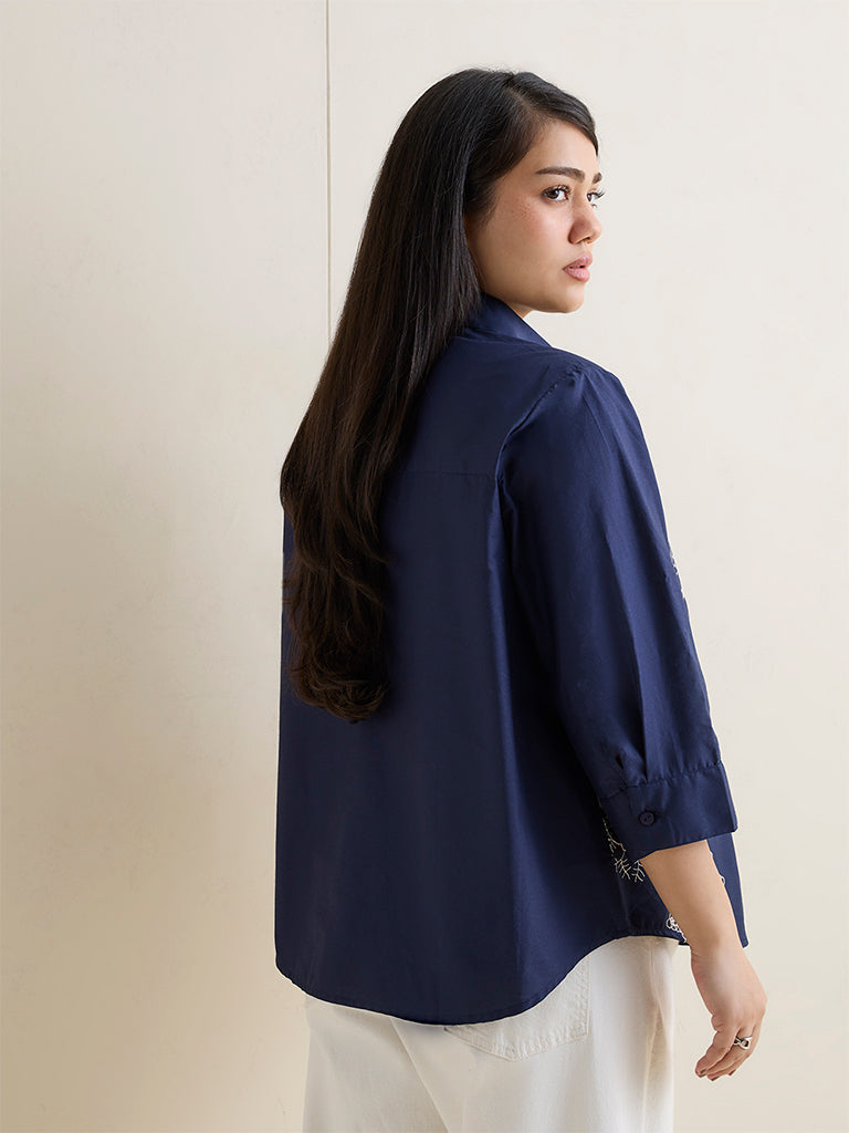 Gia Navy Crochet Embroidered Cotton Shirt