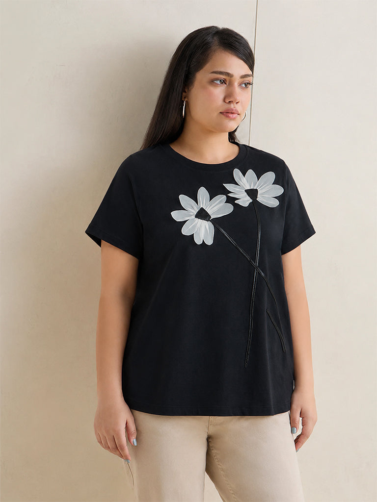 Gia Black Floral Embroidered Cotton T-Shirt