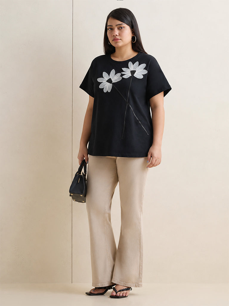 Gia Black Floral Embroidered Cotton T-Shirt