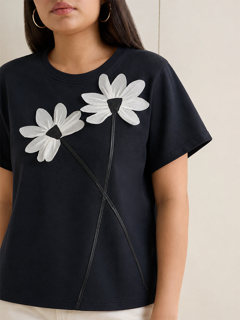 Gia Black Floral Embroidered Cotton T-Shirt