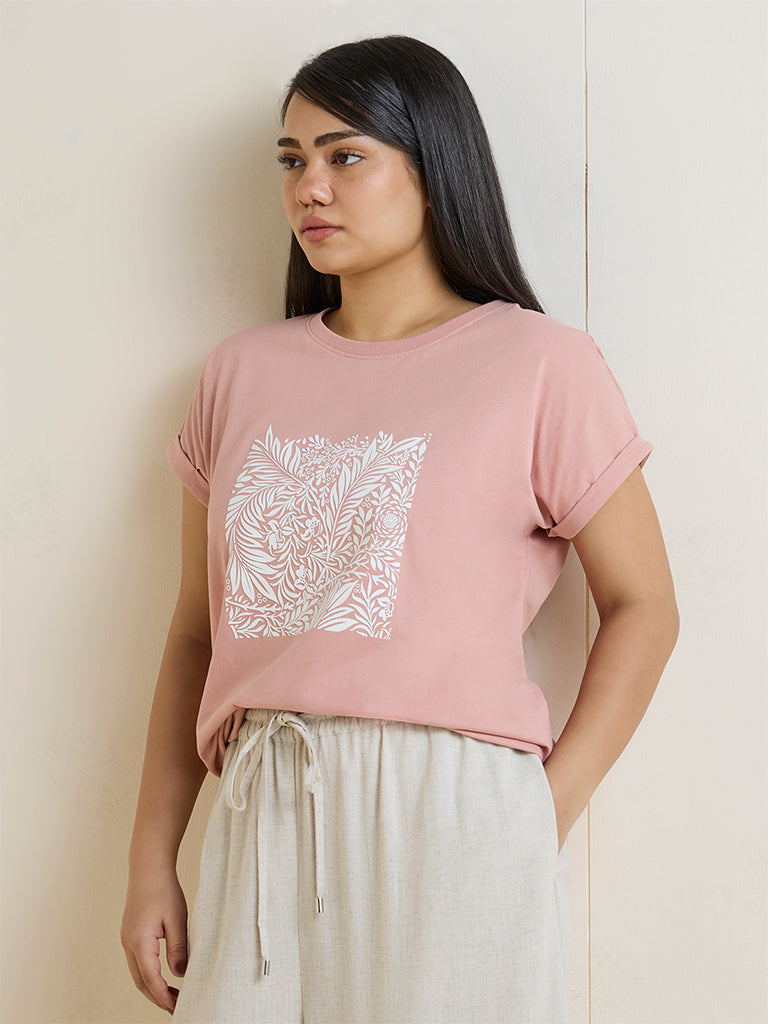 Gia Dusty Pink Botanical Print Cotton T-Shirt
