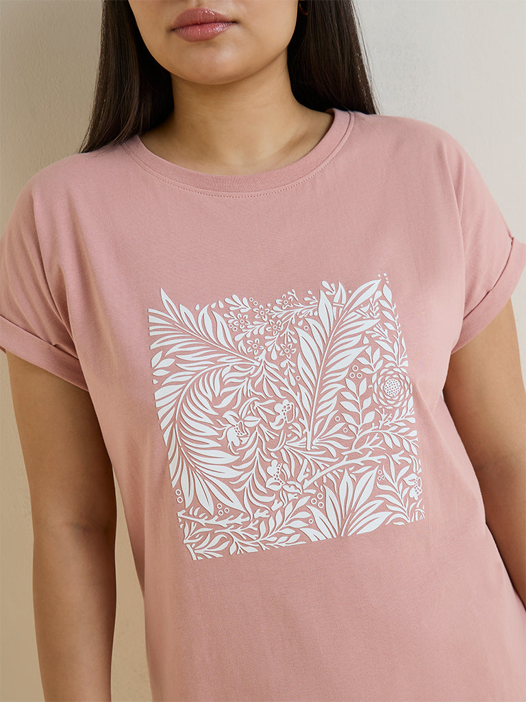 Gia Dusty Pink Botanical Print Cotton T-Shirt