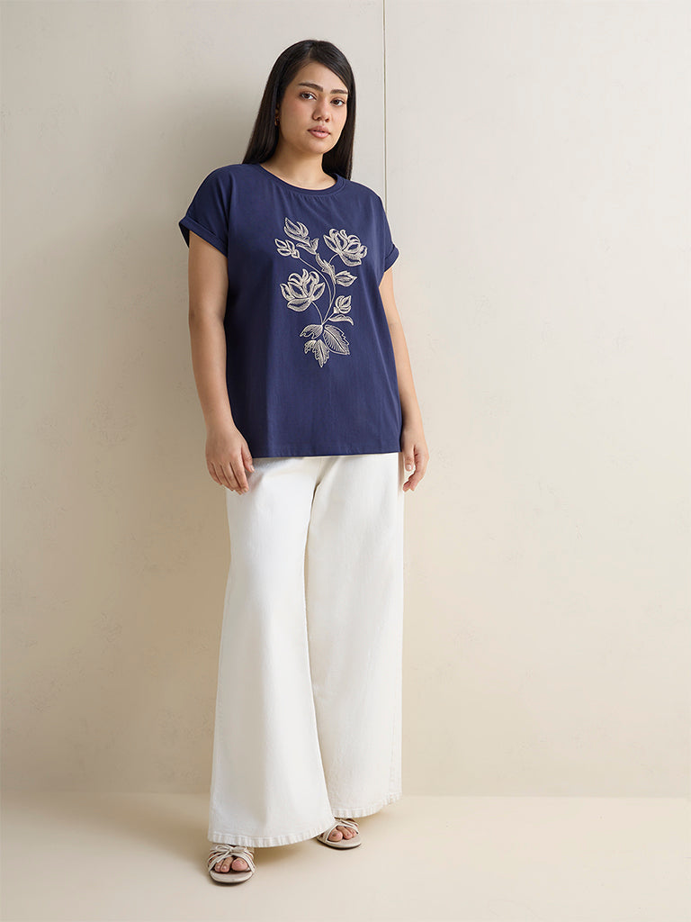 Gia Navy Floral Printed Cotton T-Shirt