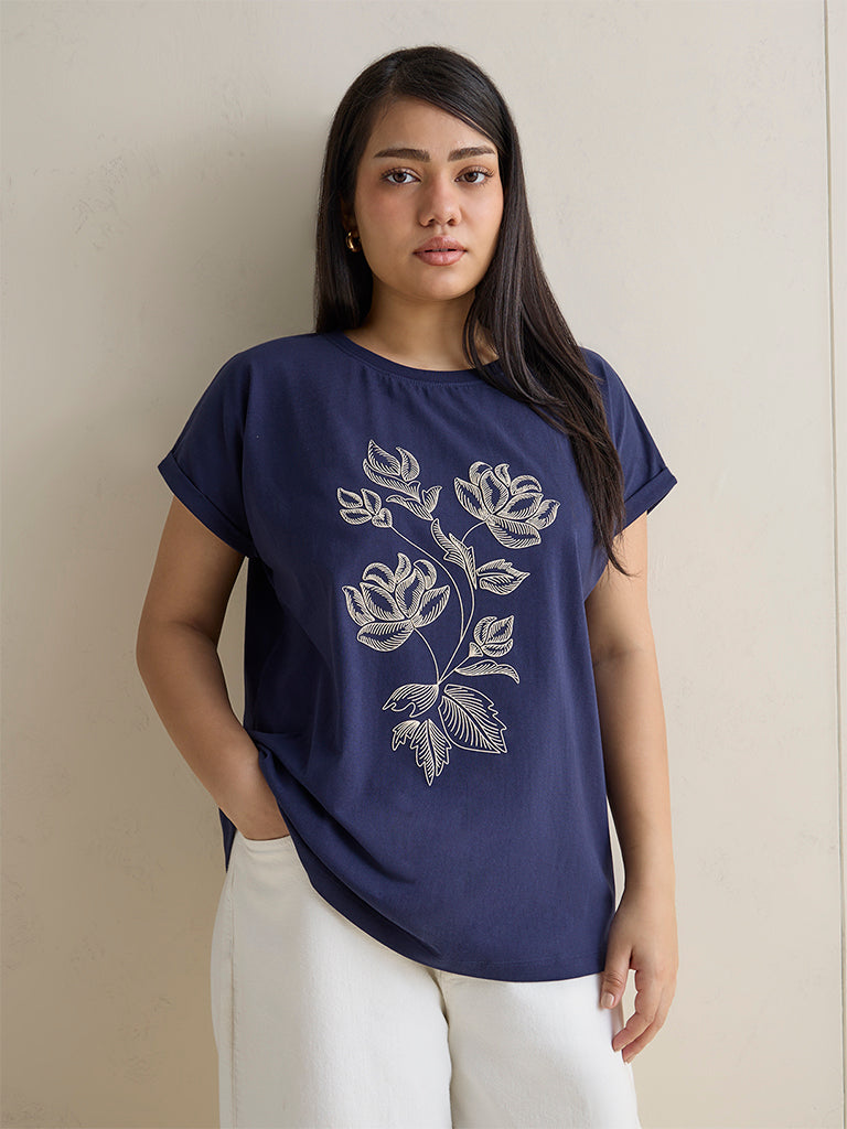 Gia Navy Floral Printed Cotton T-Shirt