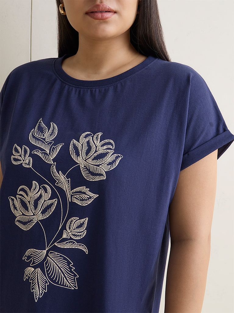 Gia Navy Floral Printed Cotton T-Shirt
