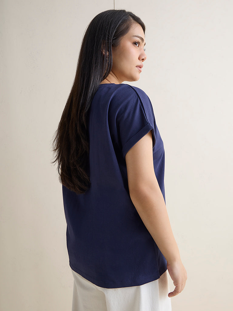 Gia Navy Floral Printed Cotton T-Shirt