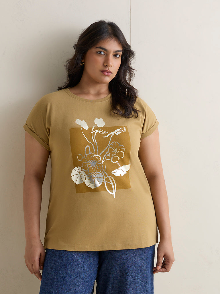 Gia Light Khaki Floral Printed Cotton T-Shirt