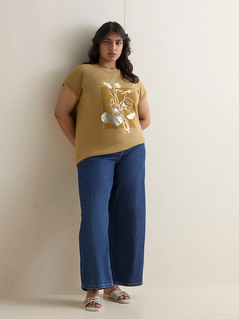 Gia Light Khaki Floral Printed Cotton T-Shirt