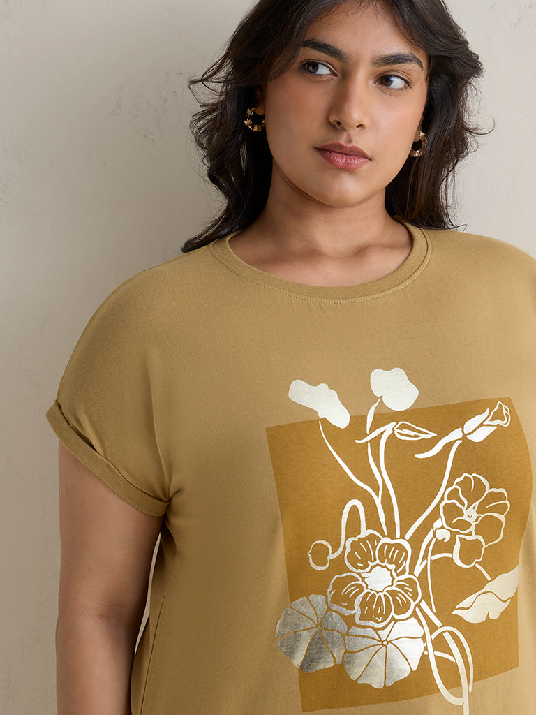 Gia Light Khaki Floral Printed Cotton T-Shirt