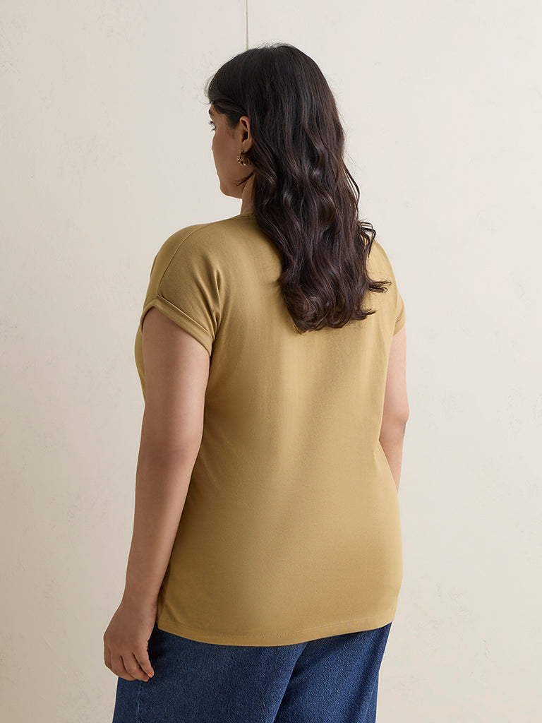 Gia Light Khaki Floral Printed Cotton T-Shirt