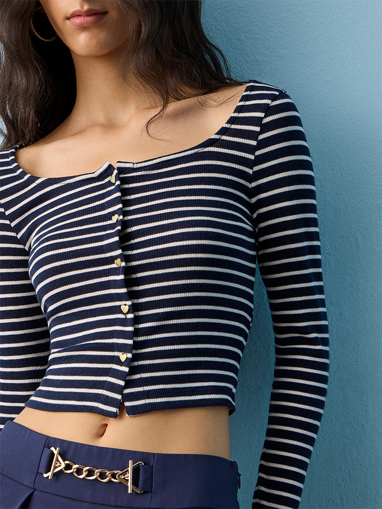 Nuon Navy Striped Cotton-Blend Cardigan