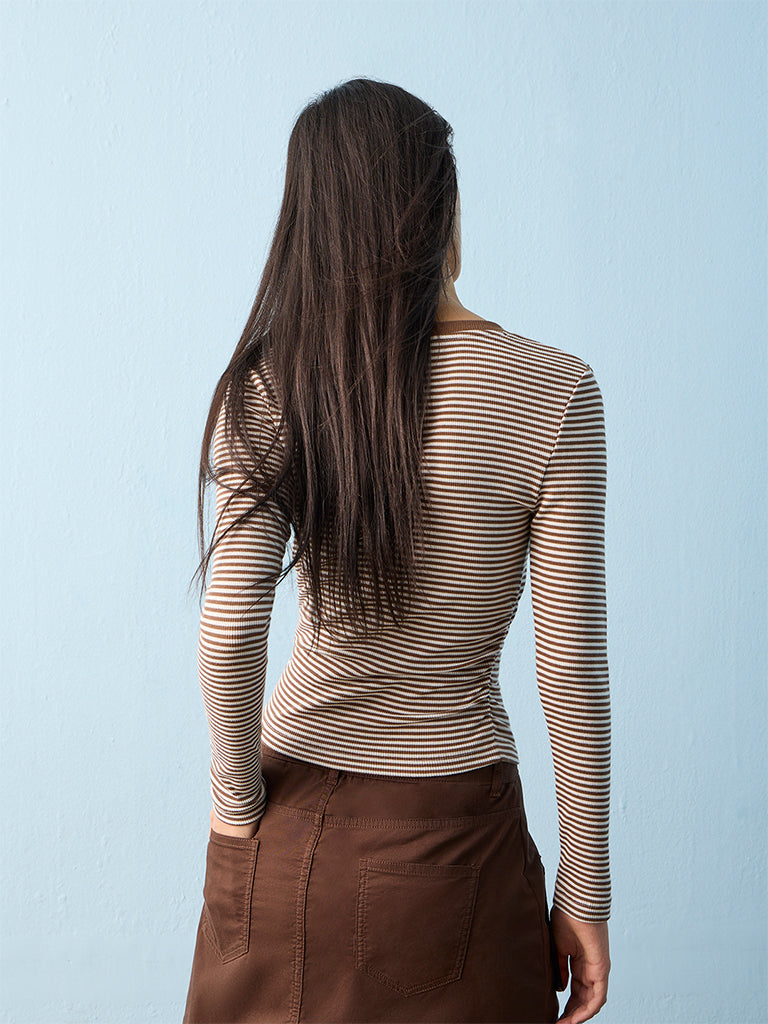 Nuon Brown Striped Cotton-Blend T-Shirt
