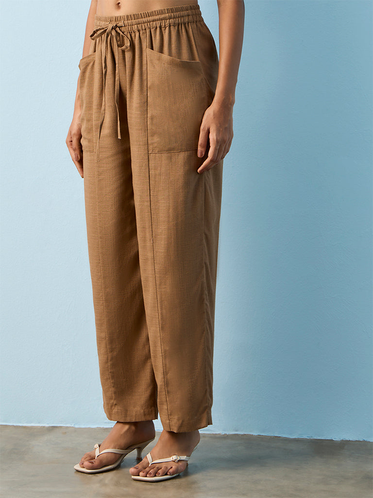 LOV Brown Solid High-Rise Trousers