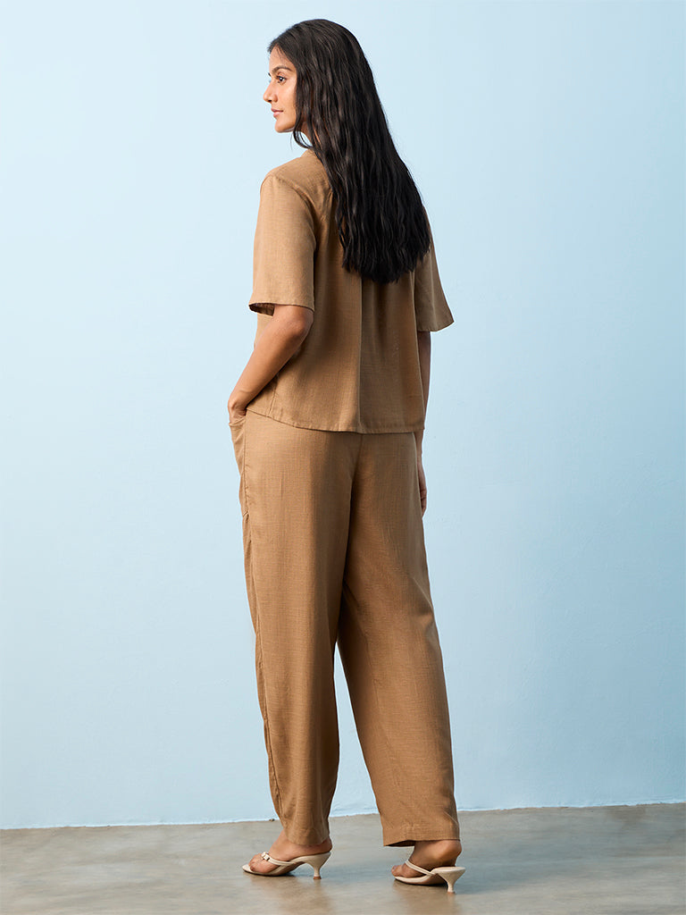 LOV Brown Solid High-Rise Trousers
