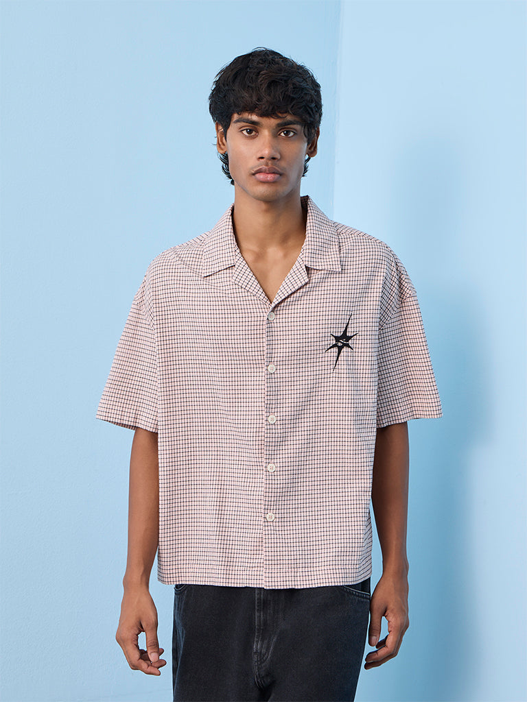 Nuon Off-White Checkered Printed Relaxed-Fit Cotton-Blend Shirt