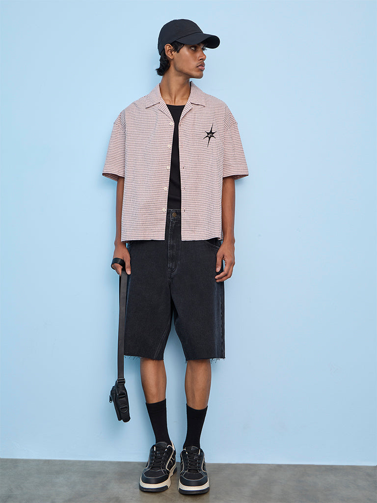 Nuon Off-White Checkered Printed Relaxed-Fit Cotton-Blend Shirt