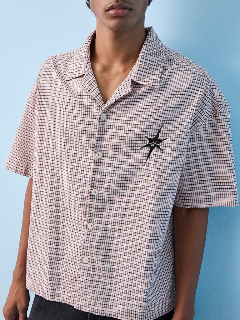 Nuon Off-White Checkered Printed Relaxed-Fit Cotton-Blend Shirt