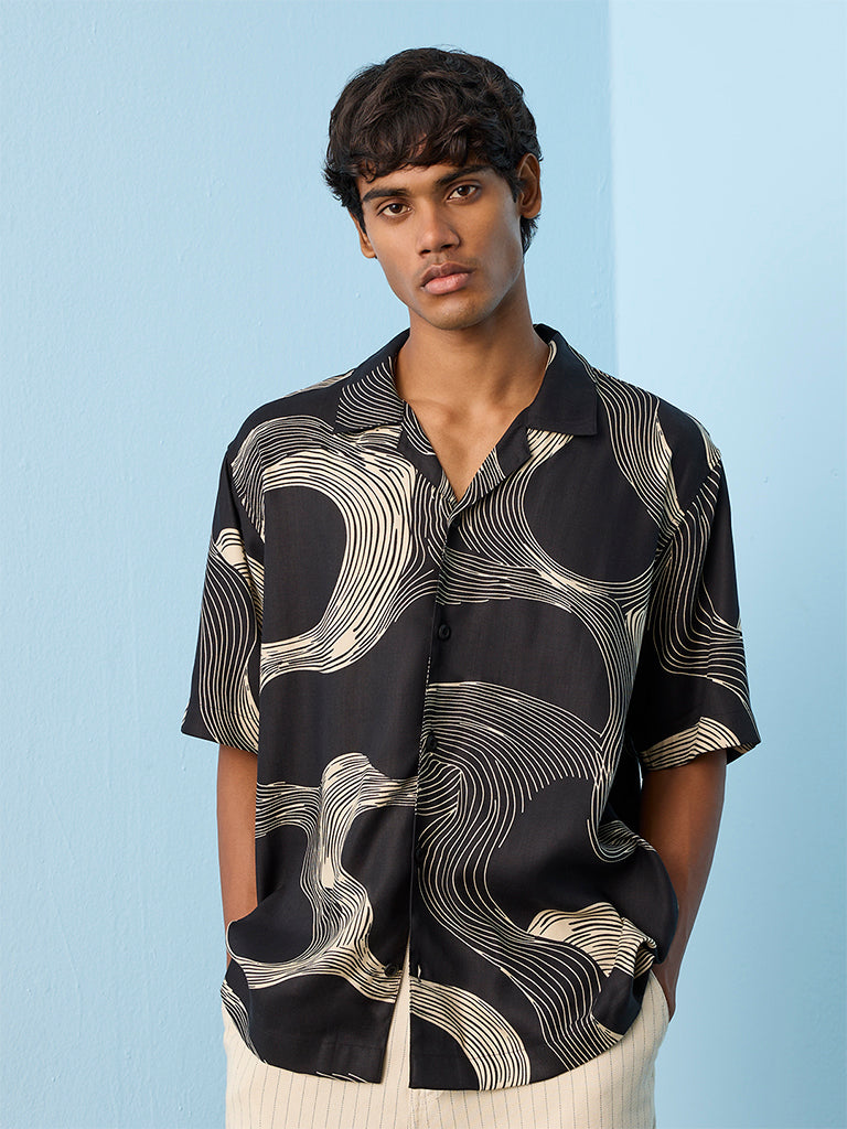 Nuon Black Abstract Printed Relaxed-Fit Shirt