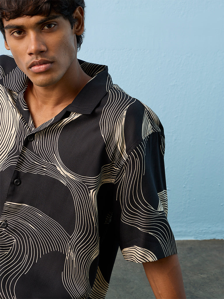 Nuon Black Abstract Printed Relaxed-Fit Shirt
