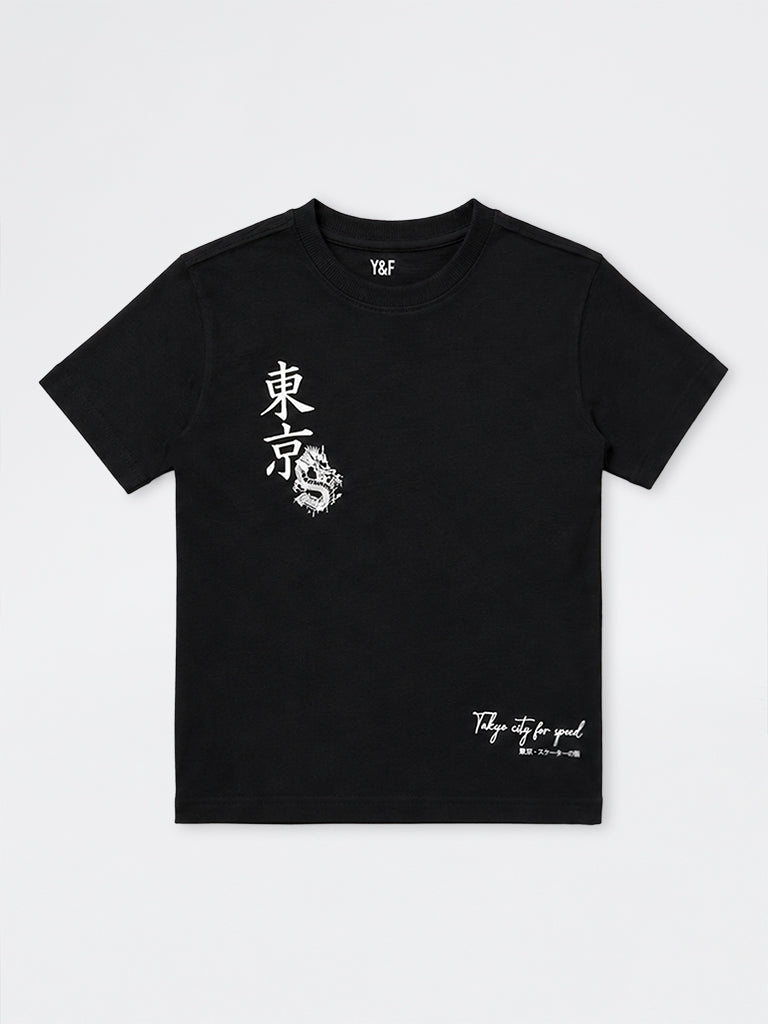 Boys Black Anime-Inspired Cotton T-Shirt