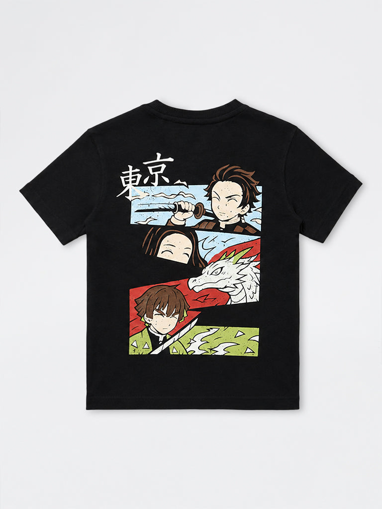 Boys Black Anime-Inspired Cotton T-Shirt