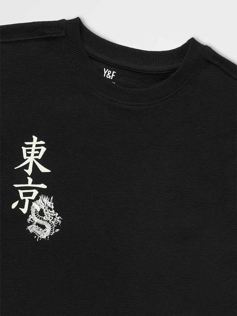Boys Black Anime-Inspired Cotton T-Shirt