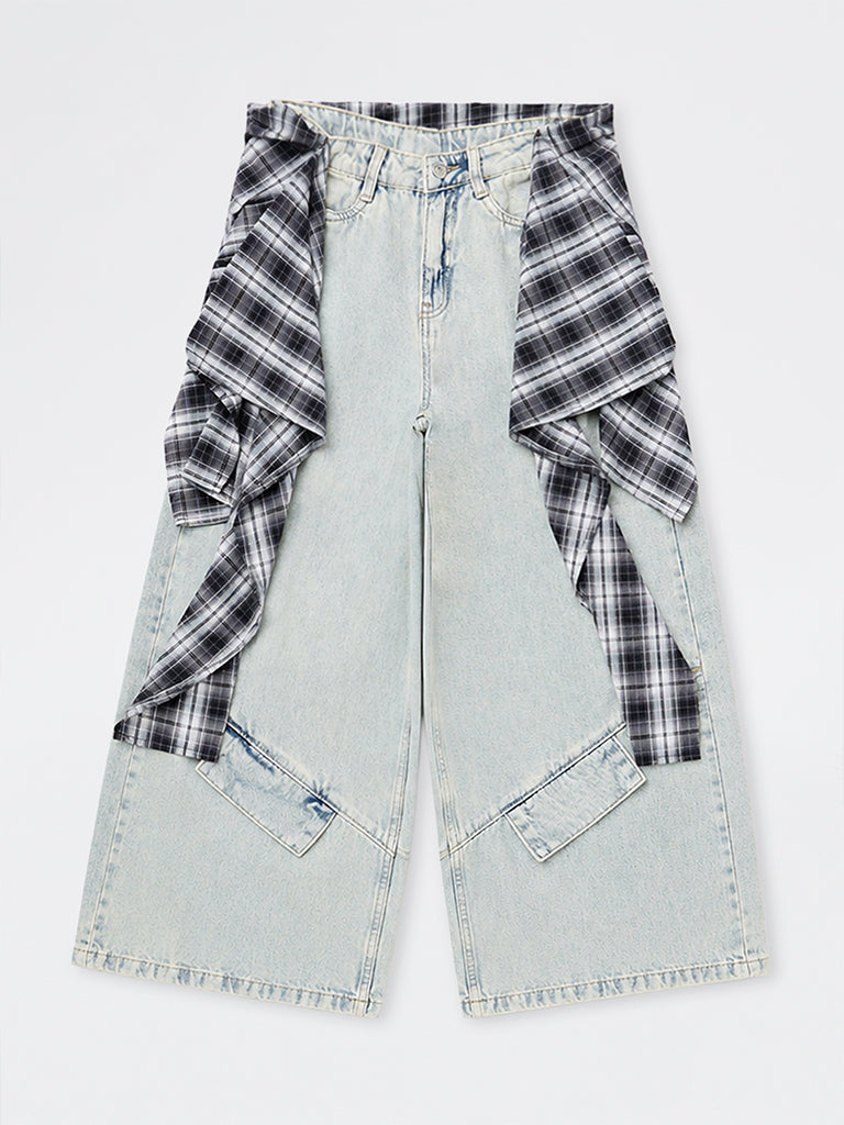 Girls Light Blue Checkered Wrap-Around Style High-Rise Jeans