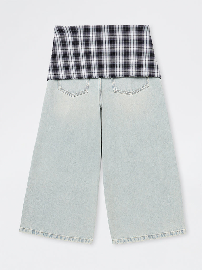 Girls Light Blue Checkered Wrap-Around Style High-Rise Jeans