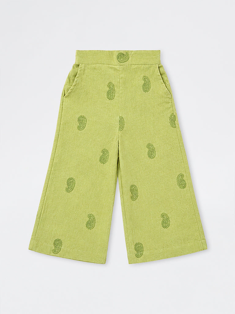 Utsa Kids Girls Green Paisley Embroidered Cotton-Blend Ethnic Pants (2-8 yrs)