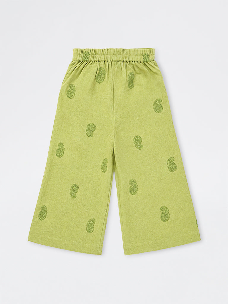 Utsa Kids Girls Green Paisley Embroidered Cotton-Blend Ethnic Pants (2-8 yrs)