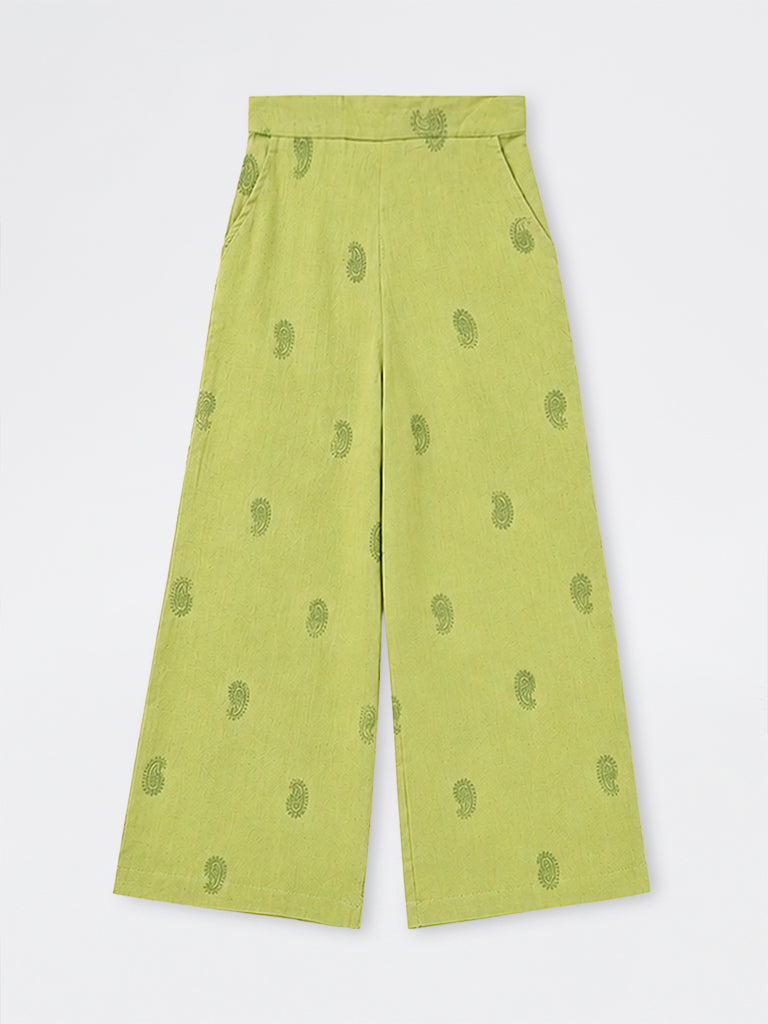Utsa Kids Girls Green Paisley Embroidered Cotton-Blend Ethnic Pants (8-14 yrs)