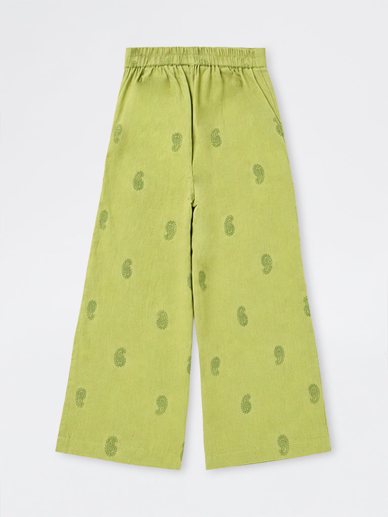 Utsa Kids Girls Green Paisley Embroidered Cotton-Blend Ethnic Pants (8-14 yrs)