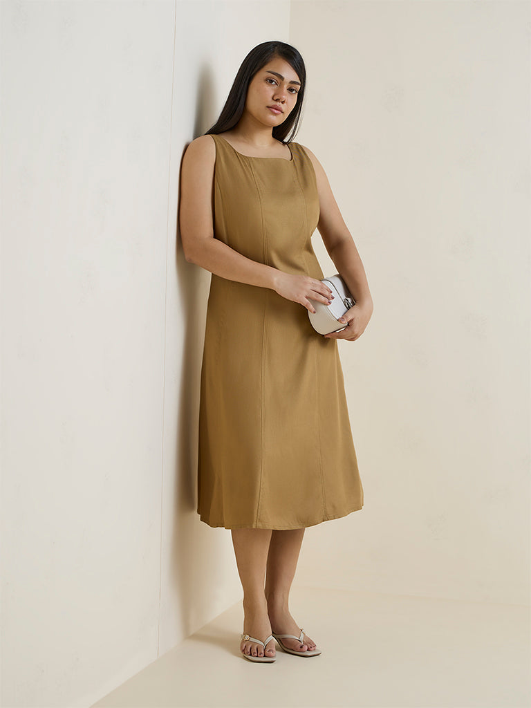Gia Beige Solid A-Line Cotton Dress