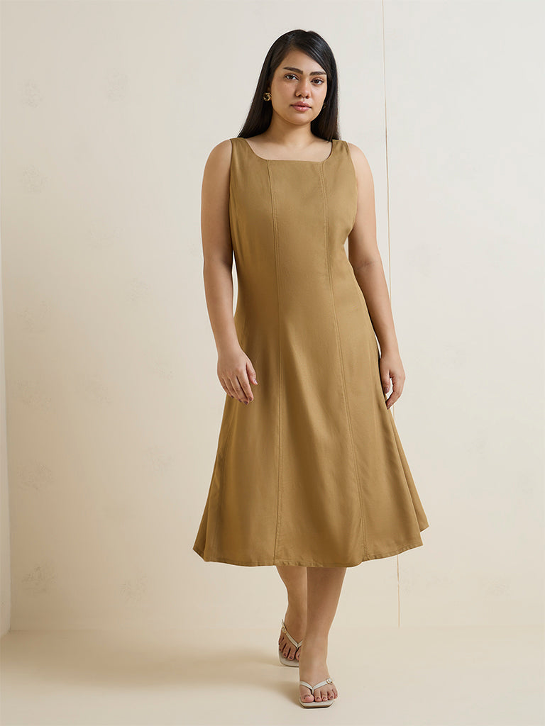 Gia Beige Solid A-Line Cotton Dress