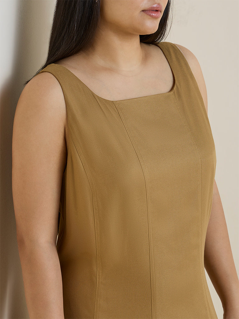 Gia Beige Solid A-Line Cotton Dress