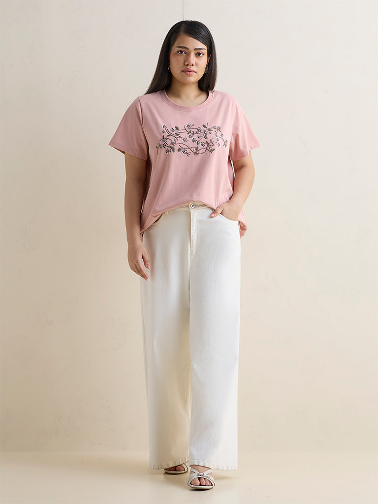 Gia Dusty Pink Floral Embellished Cotton T-Shirt