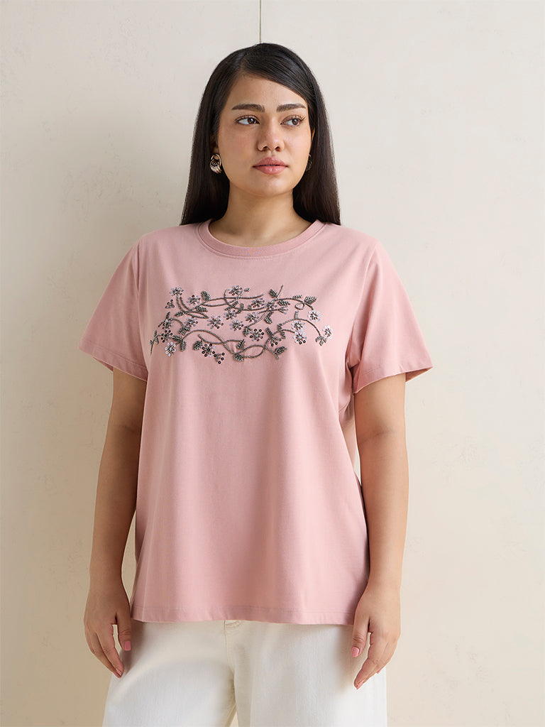 Gia Dusty Pink Floral Embellished Cotton T-Shirt