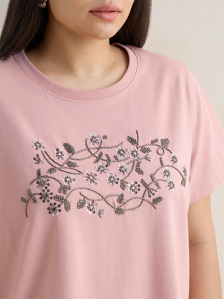 Gia Dusty Pink Floral Embellished Cotton T-Shirt