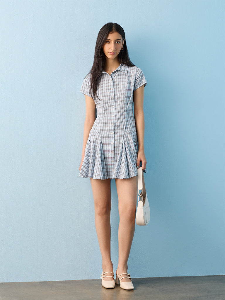 Nuon Light Blue Checkered Cotton Shirt Dress