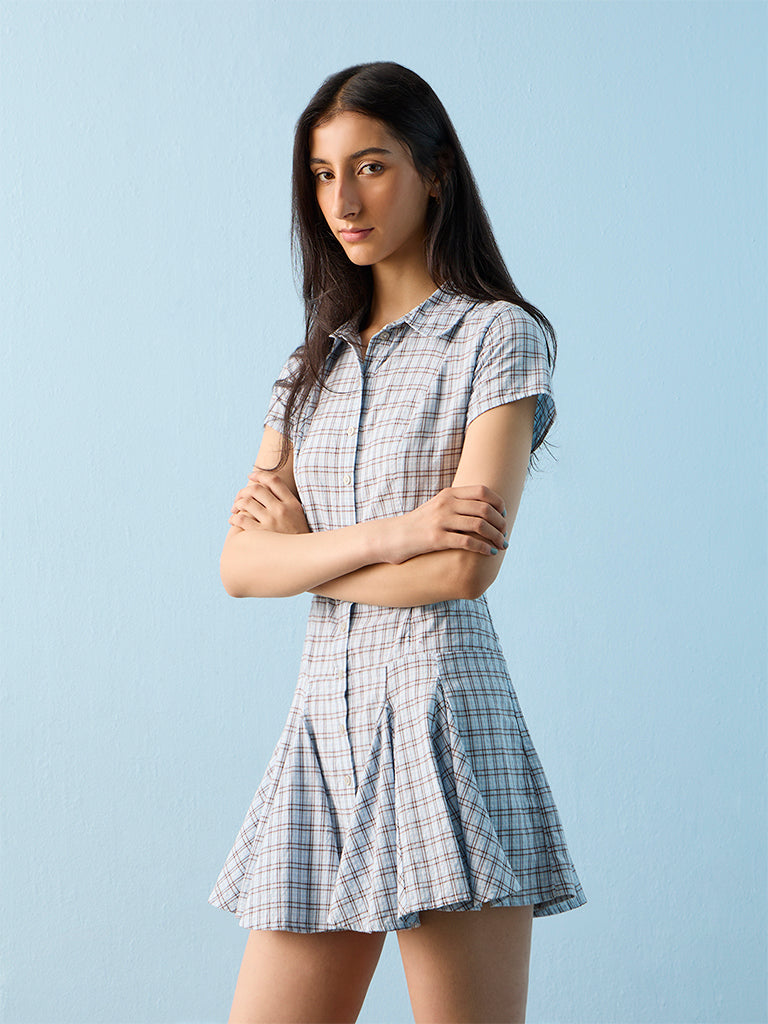 Nuon Light Blue Checkered Cotton Shirt Dress