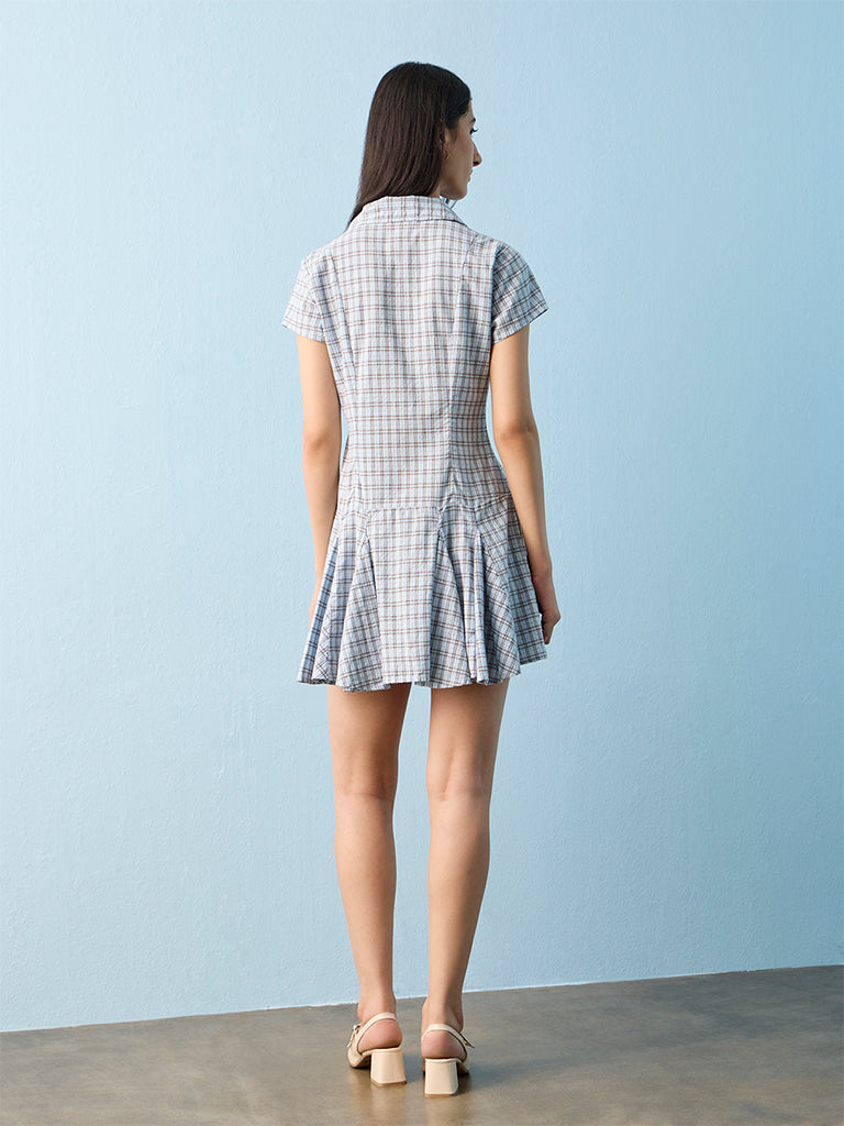 Nuon Light Blue Checkered Cotton Shirt Dress