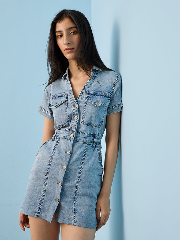 Nuon Light Blue Denim Shirt Dress