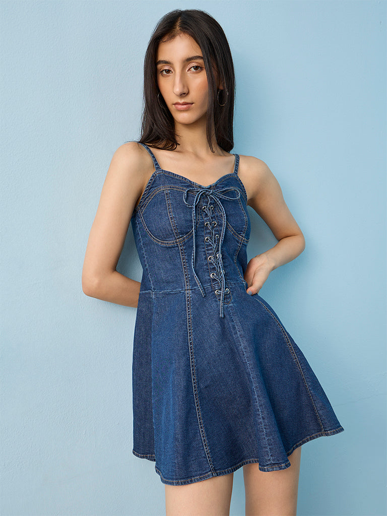 Nuon Blue Lace-Up Denim A-Line Dress