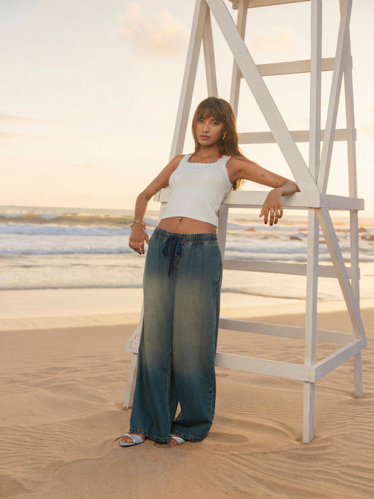 Nuon Blue Washed High-Rise Wide-Leg Jeans
