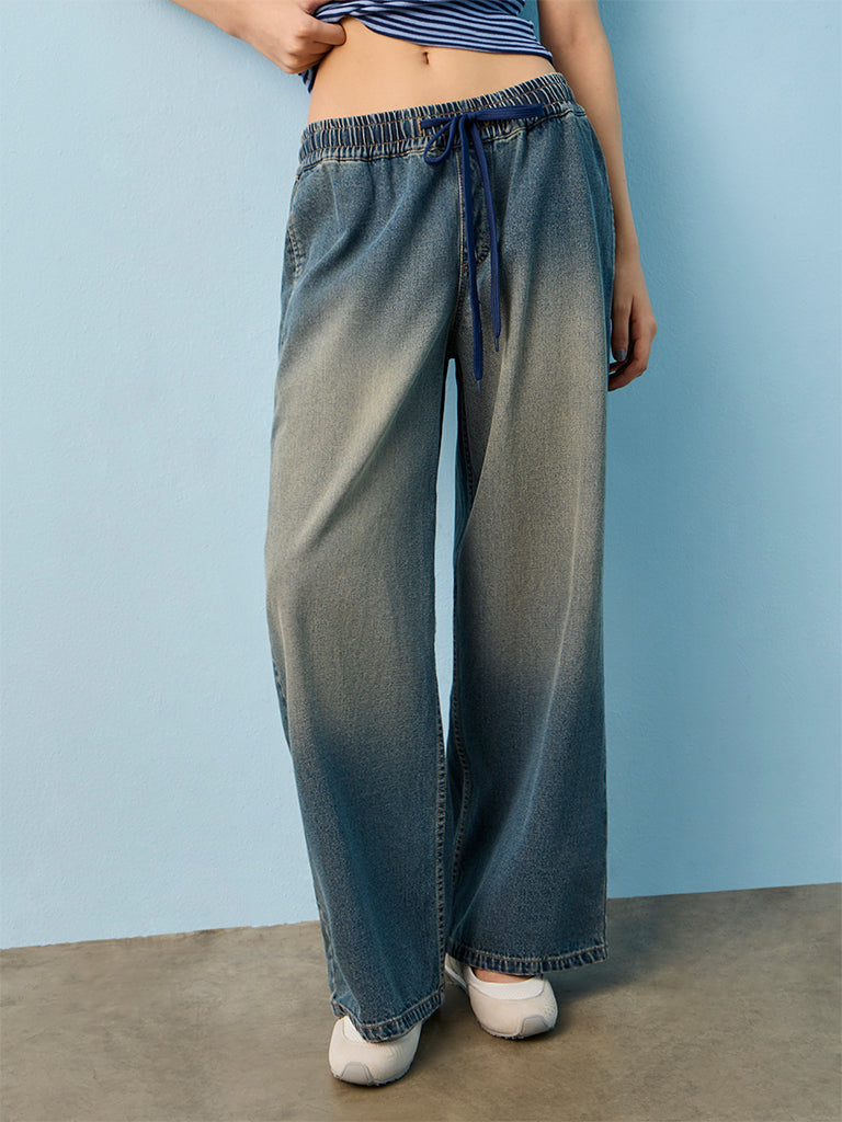 Nuon Blue Washed High-Rise Wide-Leg Jeans