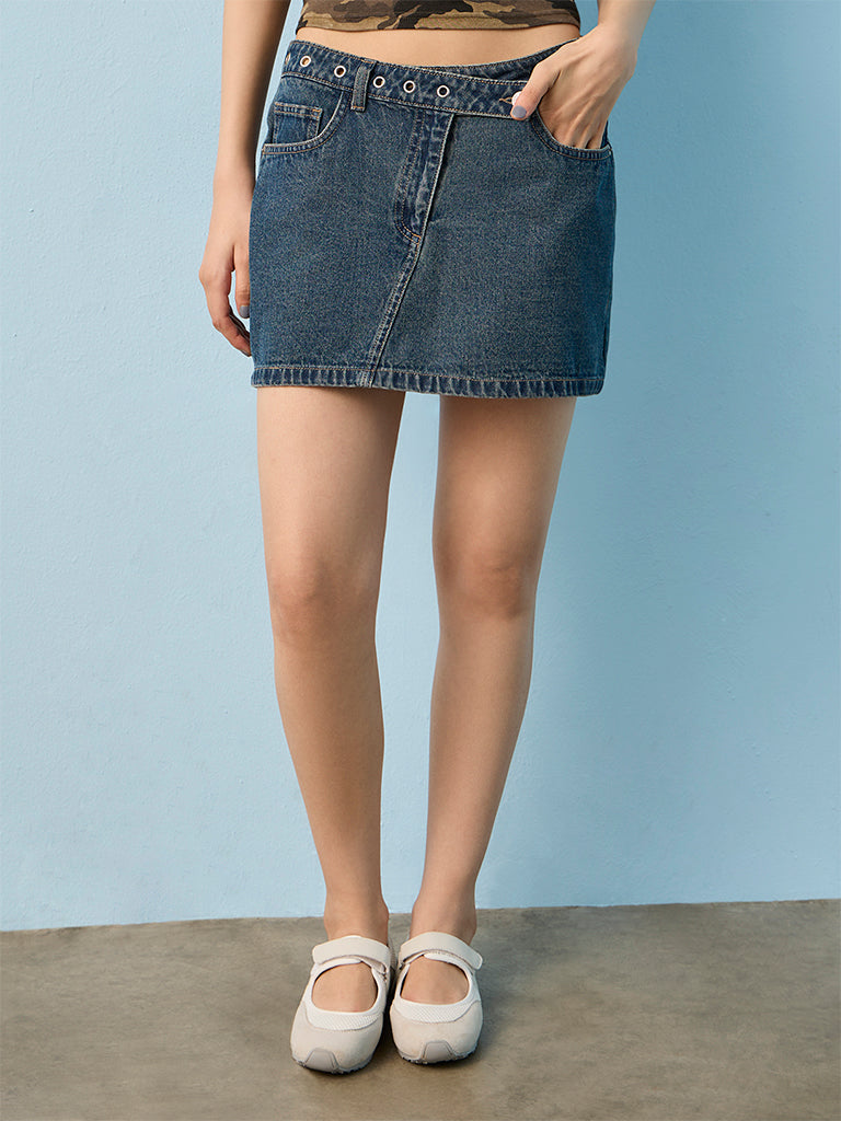 Nuon Dark Blue Eyelet-Detail Mid-Rise Denim Skirt
