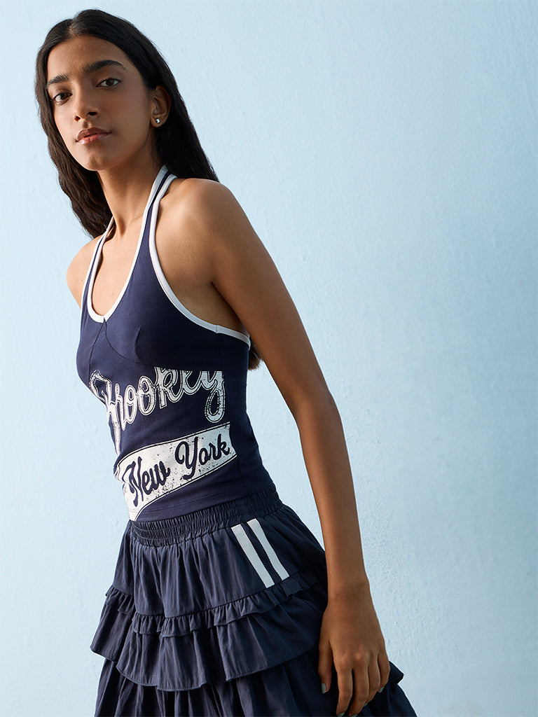 Nuon Navy Printed Halter-Neck Cotton-Blend Top